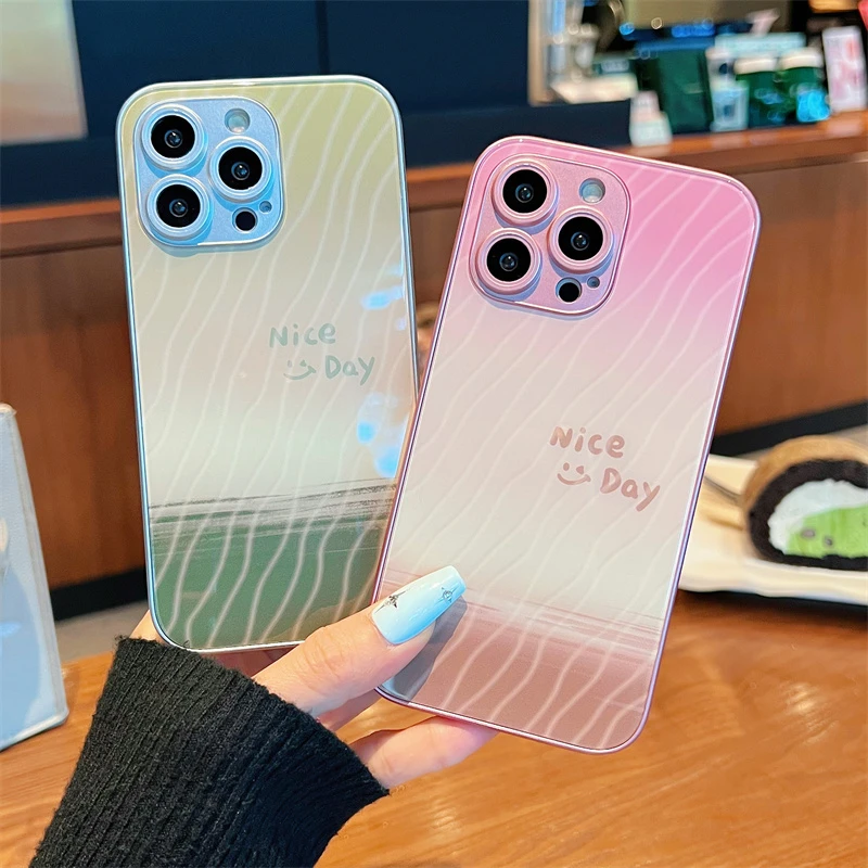 适用iPhone14promax苹果13高级手机壳保护套11简约笑脸12玻璃壳xr