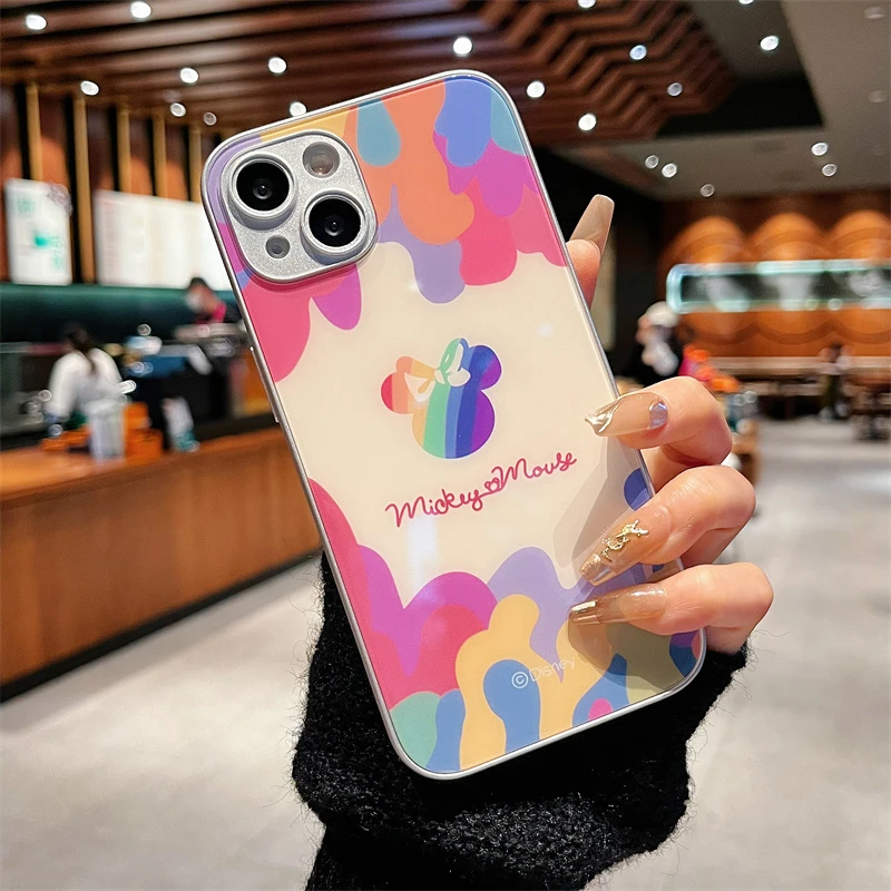 适用iPhone15promax苹果14高级手机壳保护套13彩画米奇头12玻璃壳