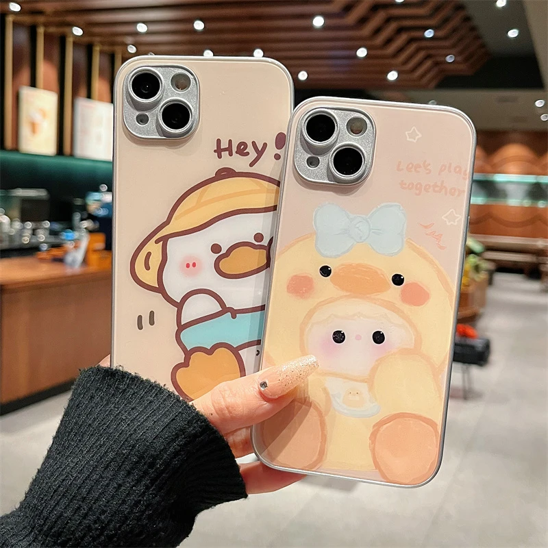适用iPhone15promax苹果14高级手机壳保护套12大黄鸭子13玻璃壳xr
