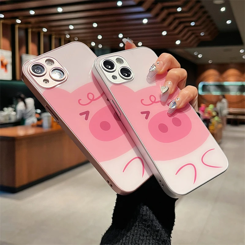 适用iPhone14promax苹果13高级手机壳保护套11粉色小猪12玻璃壳xr