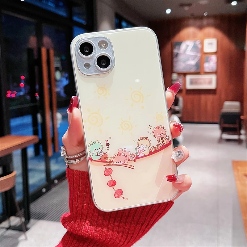 新年iPhone15promax苹果14高颜值手机壳保护套13排排小龙12玻璃壳