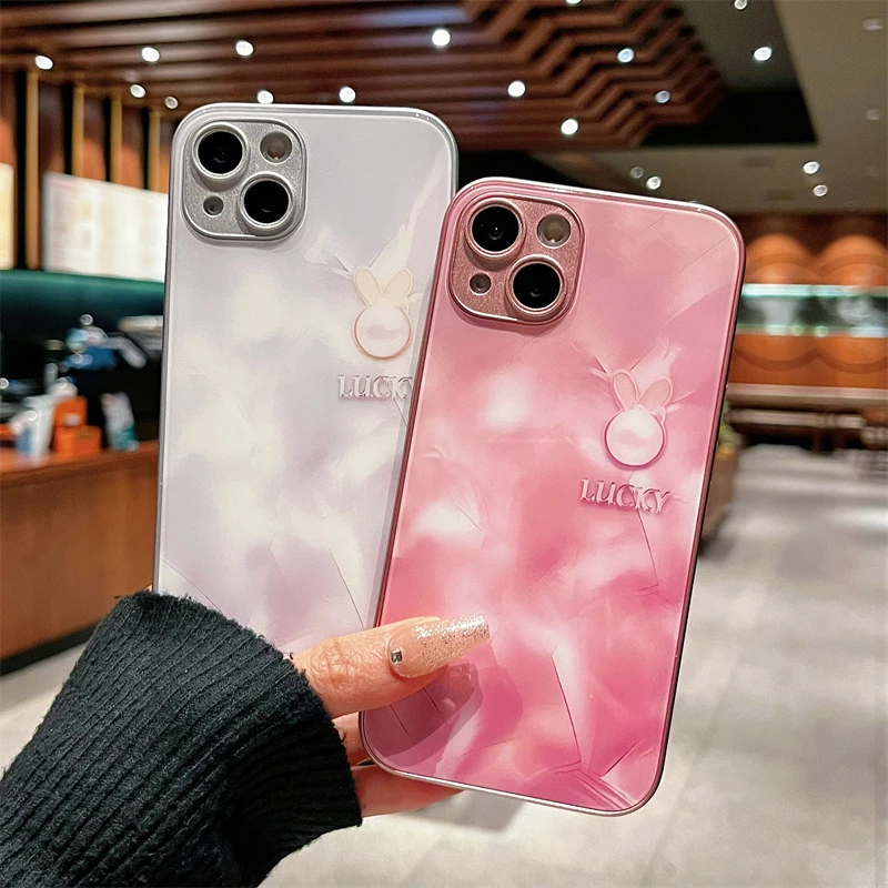 适用iPhone15promax苹果14高级手机壳保护套13简约兔子12玻璃壳xr