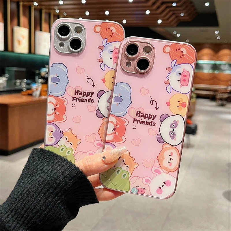 适用iPhone15promax苹果14高级手机壳保护套12排排动物13玻璃壳xr