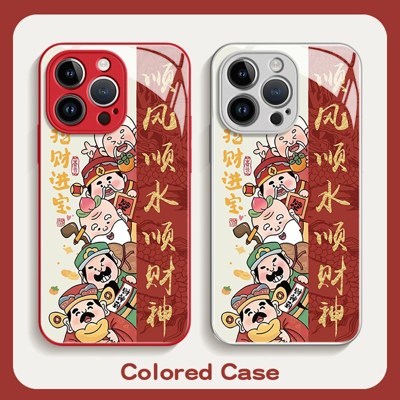 适用iPhone15promax苹果14财神爷手机壳保护套13财神到12玻璃壳11