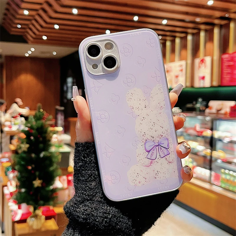 适用iPhone15promax苹果14高级手机壳保护套13蝴蝶结兔子12玻璃壳