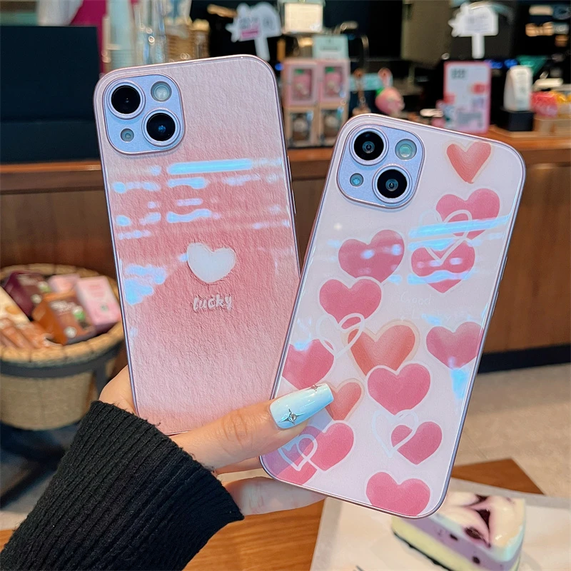 适用iPhone14promax苹果13高级手机壳保护套11粉色爱心12玻璃壳xr