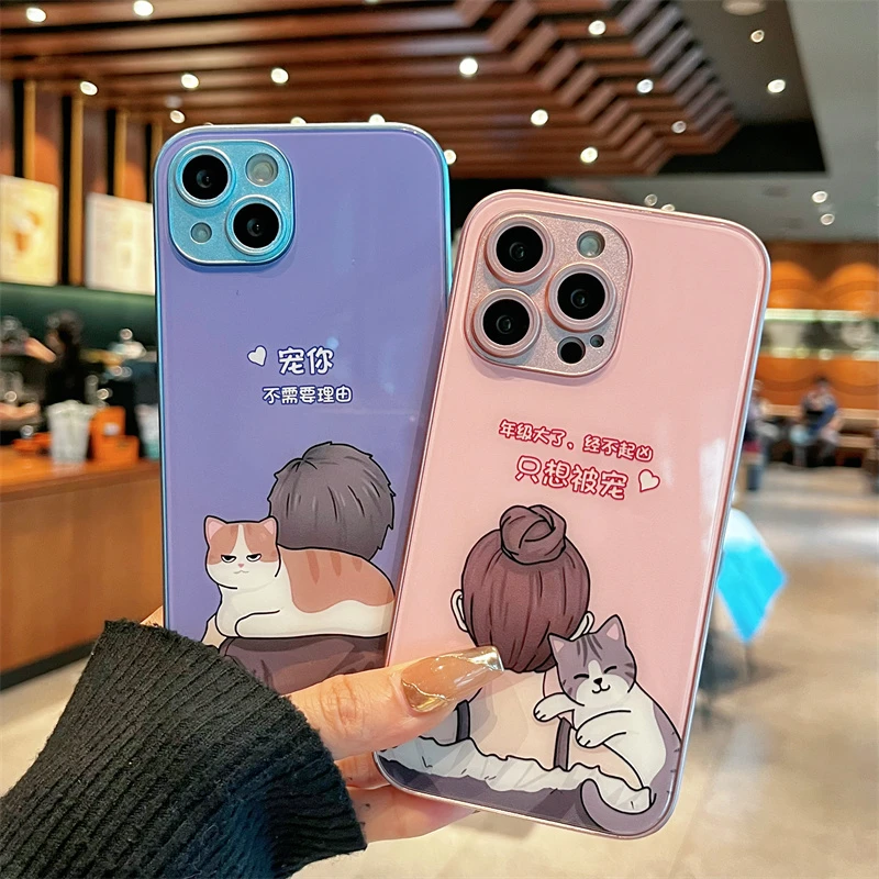 适用iPhone15promax苹果14高级手机壳保护套13猫咪情侣12玻璃壳11
