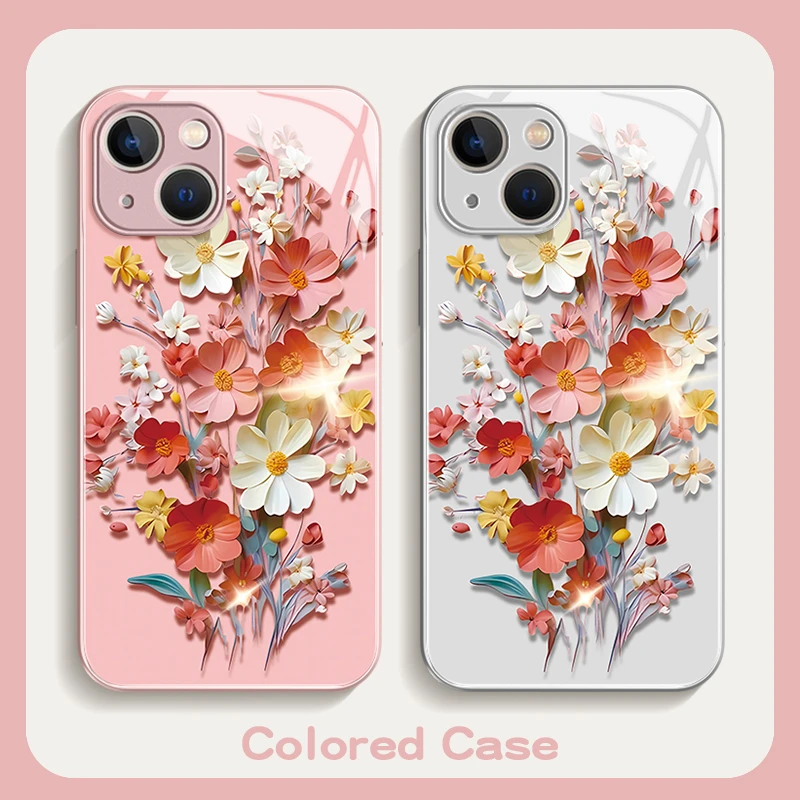 适用iPhone15promax苹果14高级感手机壳保护套13满屏花朵12玻璃壳