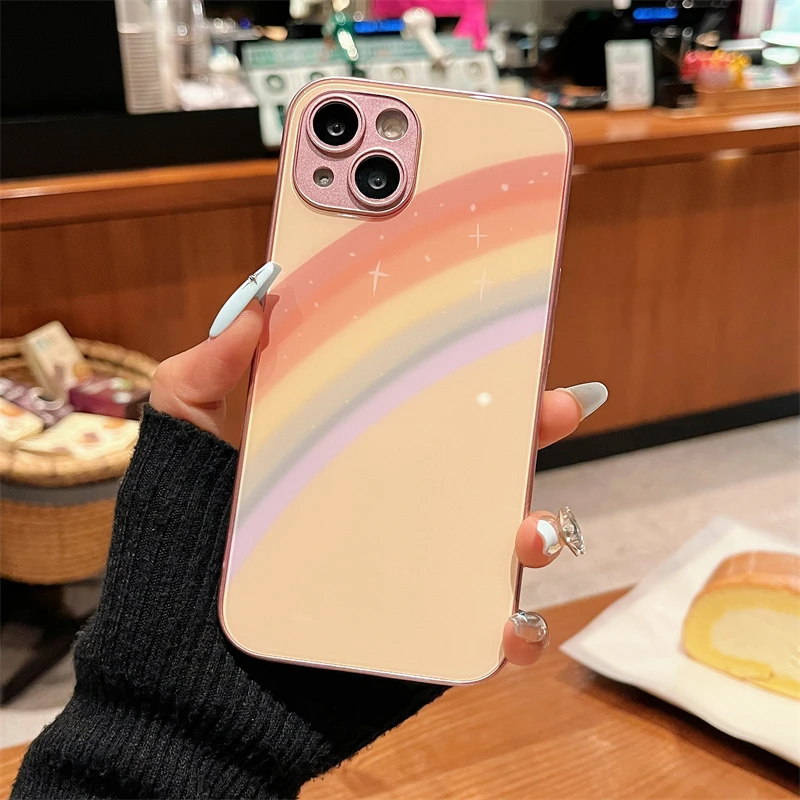 适用iPhone14promax苹果13高级手机壳保护套11七色彩虹12玻璃壳xr