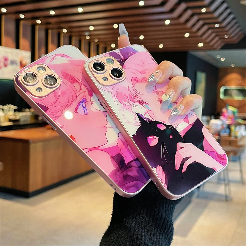 适用iPhone14promax苹果13高级手机壳保护套11少女和猫12玻璃壳xr
