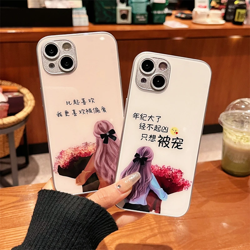 适用iPhone14promax苹果13高级感手机壳保护套11鲜花女孩12玻璃壳