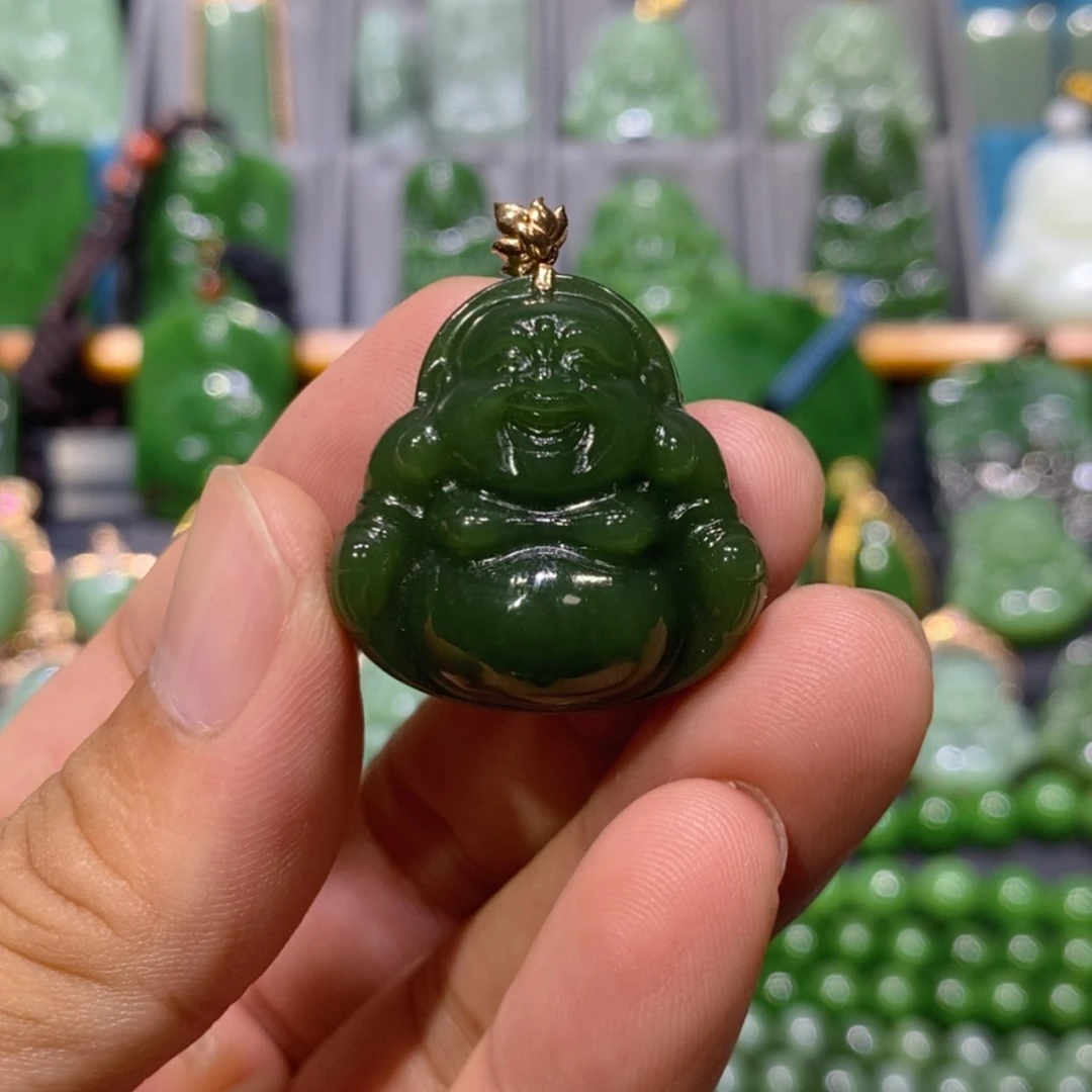 【闪购商品】和田玉吊坠(不含链)18K金镶嵌菠菜绿佛公 28/12