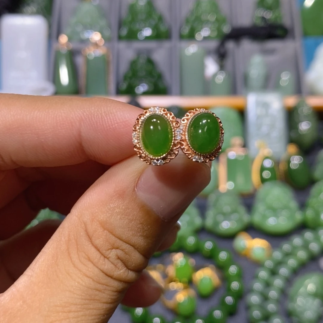 【闪购商品】和田玉吊坠(不含链)银S925镶嵌阳绿耳钉