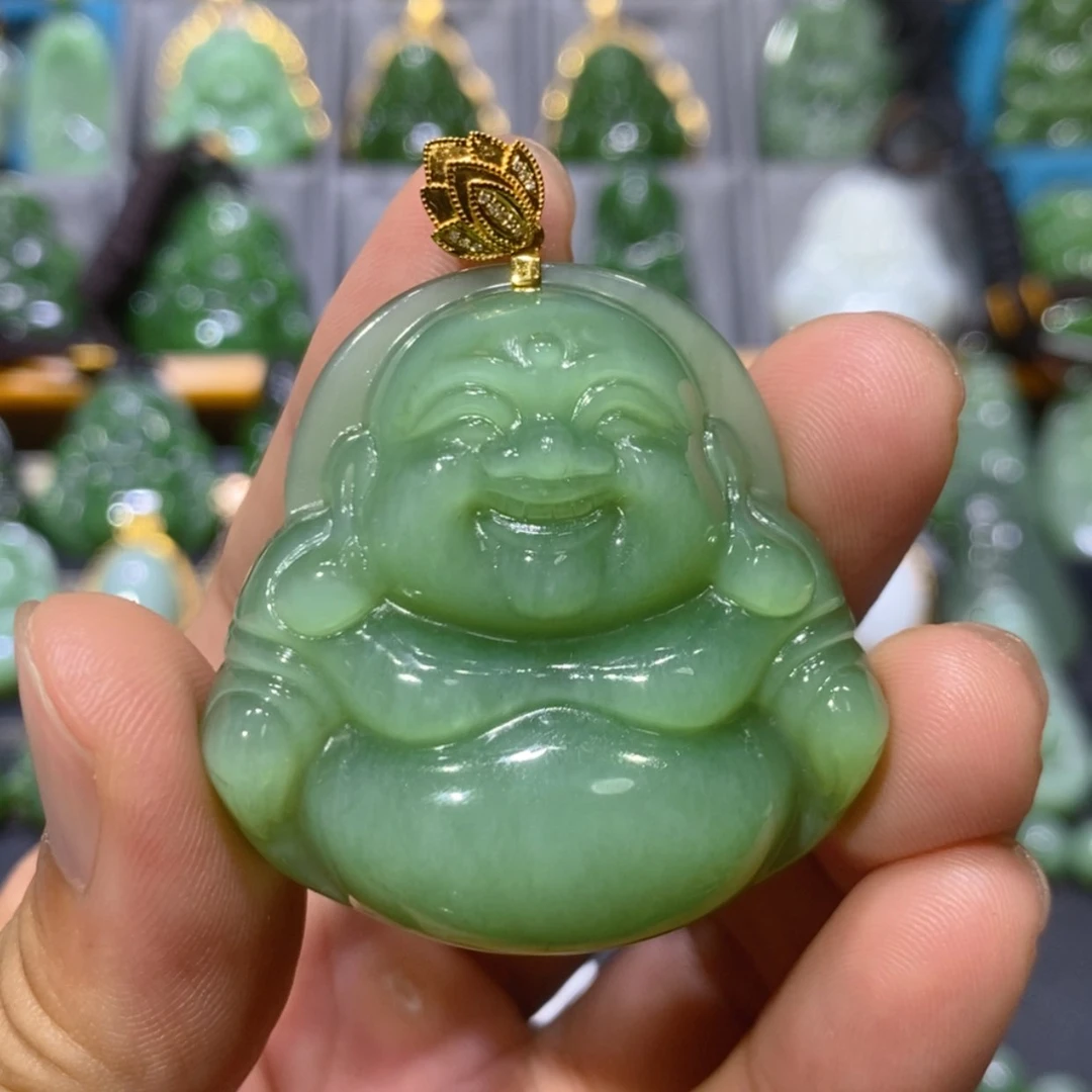 【闪购商品】和田玉吊坠(赠链)18K金镶嵌粉绿微猫佛公 43.8/13
