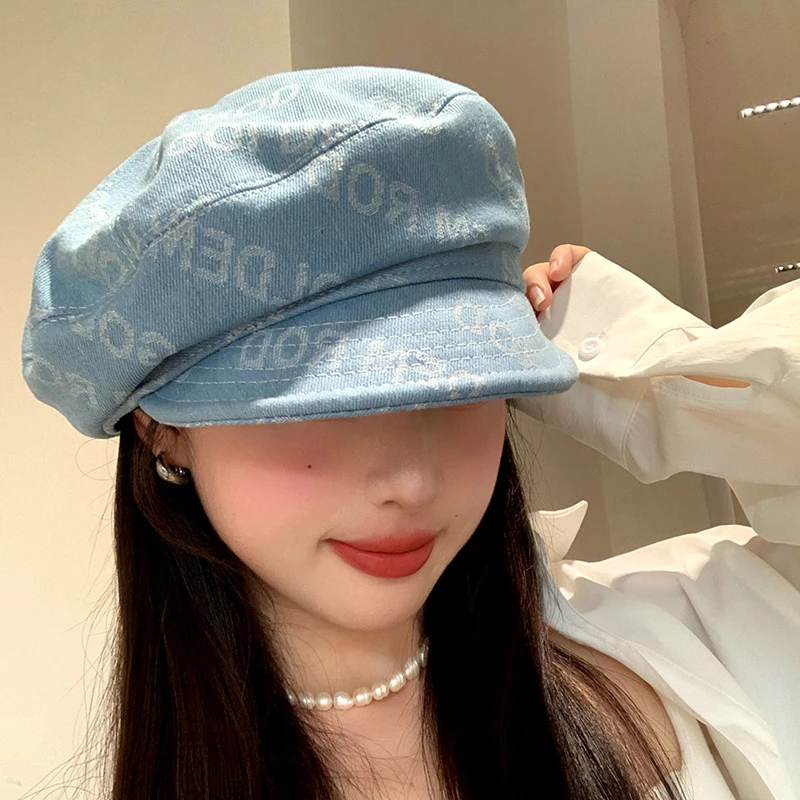 嘟嘟星水洗牛仔画家帽女春秋字母百搭八角帽显脸小时尚蓝色超时尚