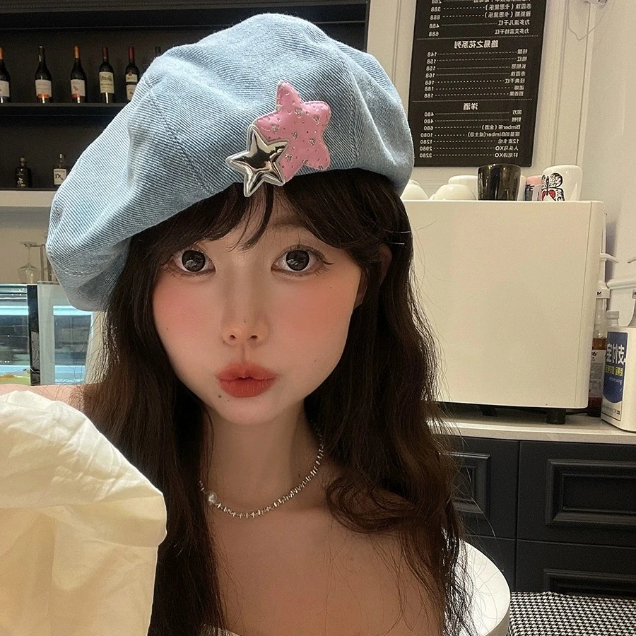【闪闪惹人爱】日系多巴胺粉色星星牛仔贝雷帽Y2k甜美可爱画家帽ins