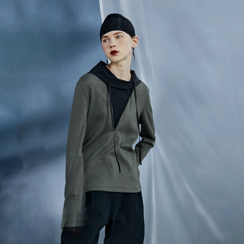 日着原创设计女装春秋季运动休闲宽松连帽假两件卫衣女 Z22C250S0