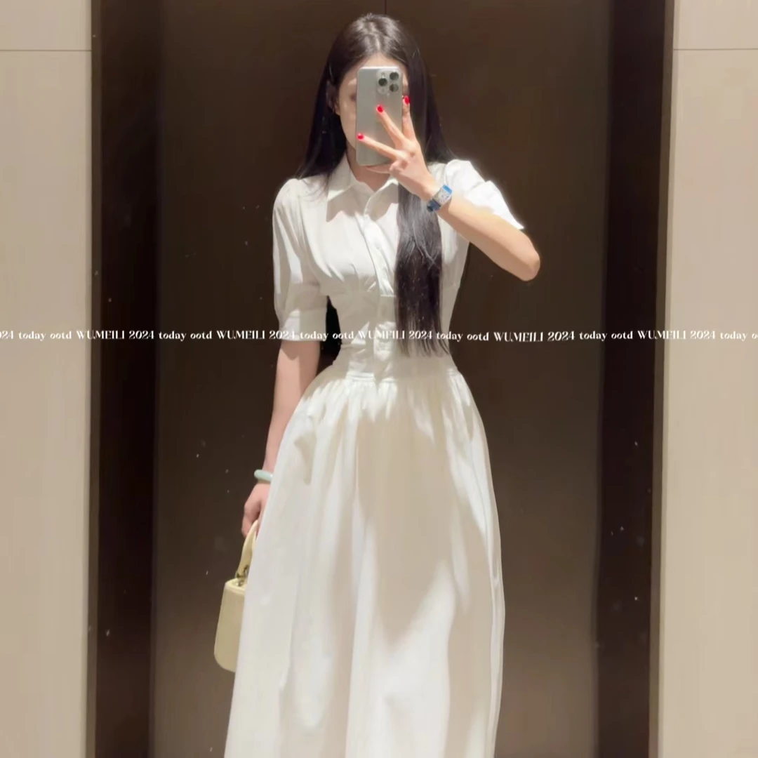 韩系气质polo领短袖衬衫连衣裙女装夏季新款收腰a字裙白色长裙子