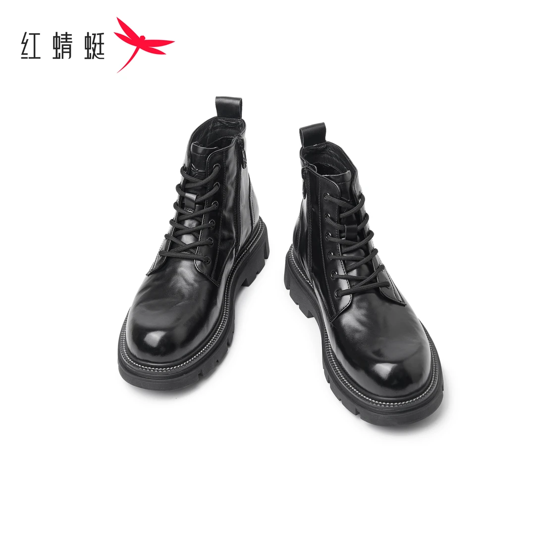红蜻蜓时尚高端马丁靴加绒保暖男士皮鞋秋冬商务德比真皮开车增高