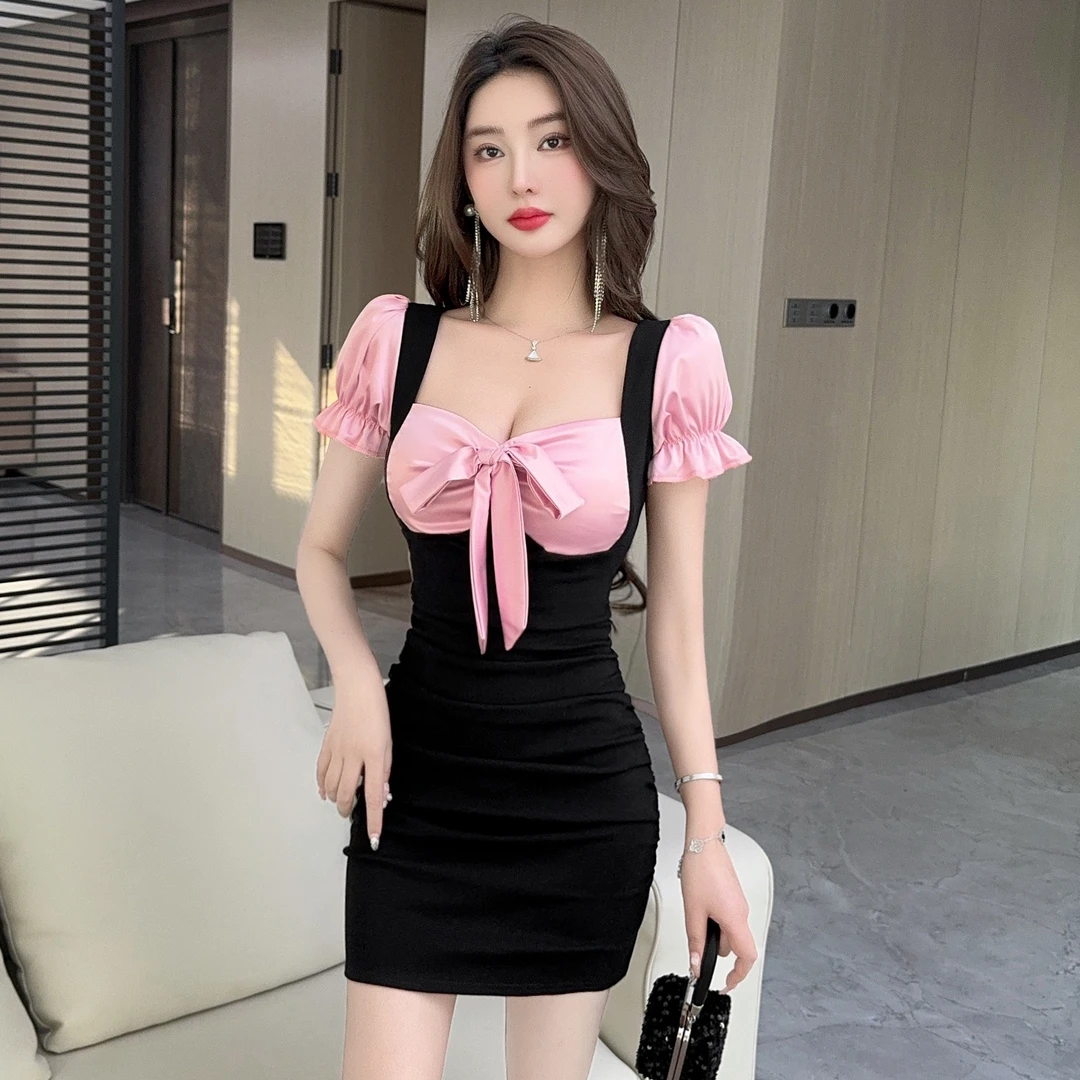 法式纯欲夜总店连衣裙女撞色短袖制服工装短袖小个子包臀短裙性感