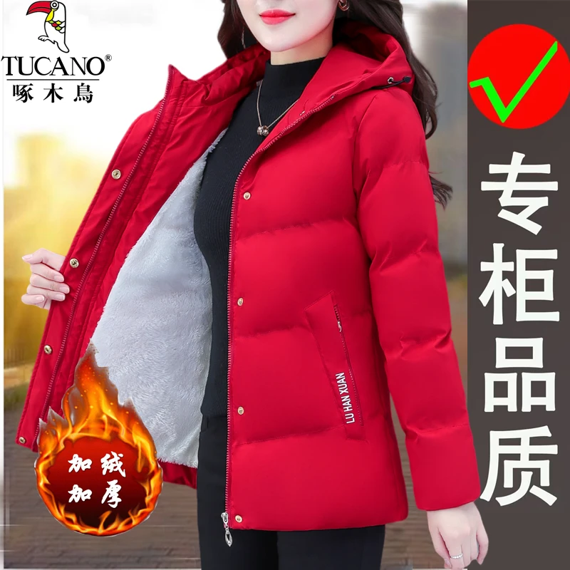 啄木鸟红色时尚加绒加厚棉服2023年冬季新款休闲棉衣外套女棉袄潮