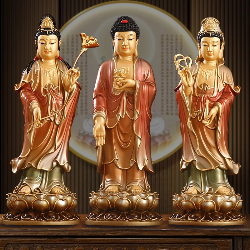 台湾铜太古彩西方三圣站像摆件观世音家用阿弥陀阿弥陀佛神像