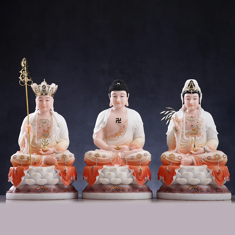 圆通玉石粉富贵彩坐莲笑脸观世音释迦地藏彩绘娑婆三圣家居摆件品