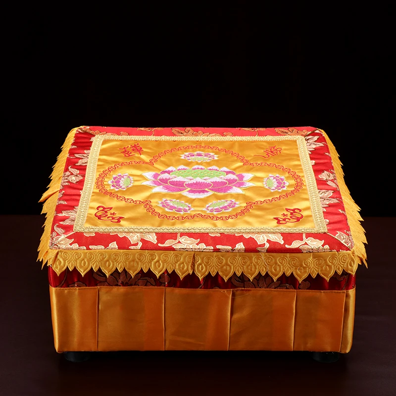 圆通工艺刺绣莲花实木拜垫拜凳四脚高档拜椅老式加厚绣花方形加大