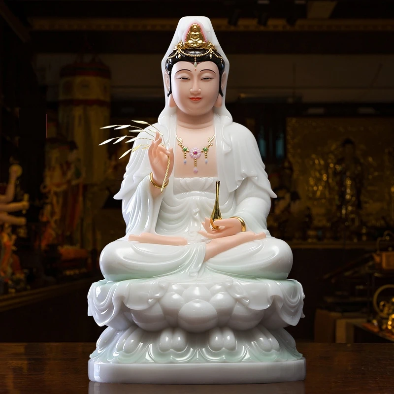 圆通玉石粉彩绘观世音坐莲笑脸观世音像天青色工艺品摆件神像