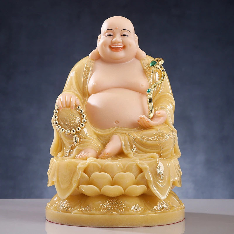 圆通仿汉白玉大肚弥勒黄玉描金财神家用中式弥勒佛佛像弥勒佛摆件