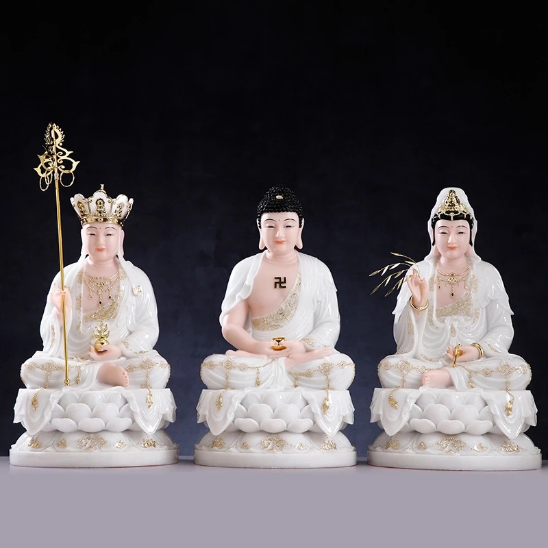 圆通玉石描金坐莲白瓷笑眼观世音摆件释迦地藏娑婆三圣工艺神像