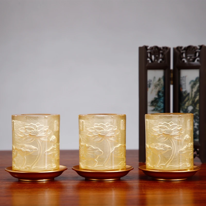 圆通古法琉璃荷韵水杯莲花浮雕高端摆件直筒带底座雕刻莲花摆件