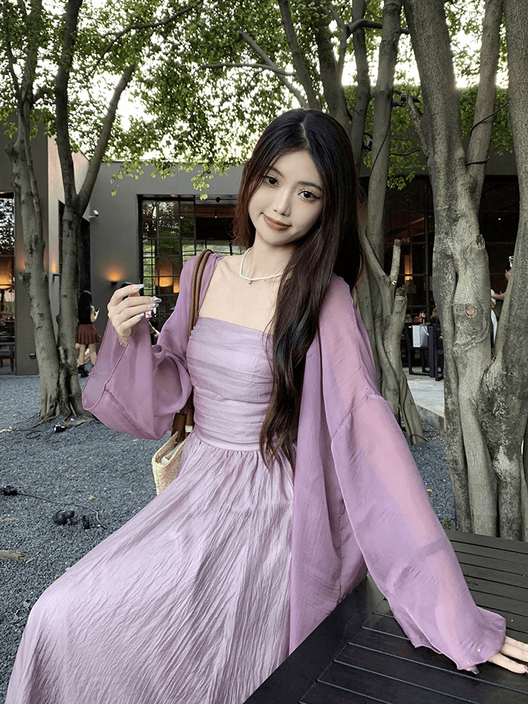 大码禅意紫萱仙女氛围感紫色吊带连衣裙女夏季防晒开衫上衣两件套