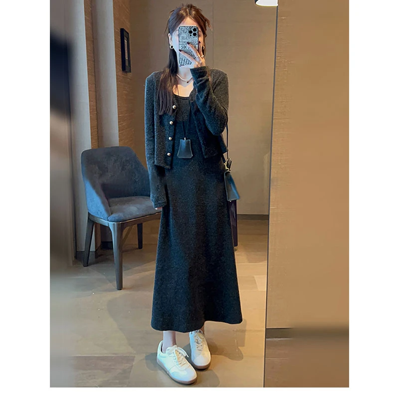 韩系氛围感小个子穿搭黑色背心连衣裙子长裙2024早秋季新款女套装