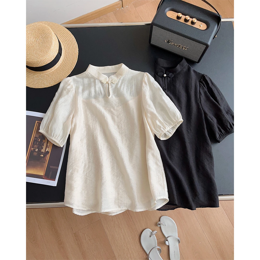 大叮自制 清仓！气质立领盘扣国风提花蕾丝小衫 S4136