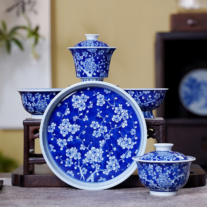 手绘茶具柴窑景德镇手工釉下青花冰梅主人品茗杯压手高足元宝盖碗