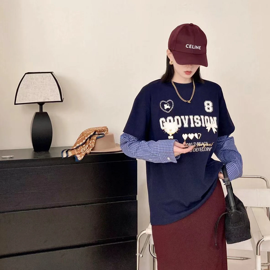 秋季新款字母印花拼接衬衫袖假两件T恤女时尚百搭上衣