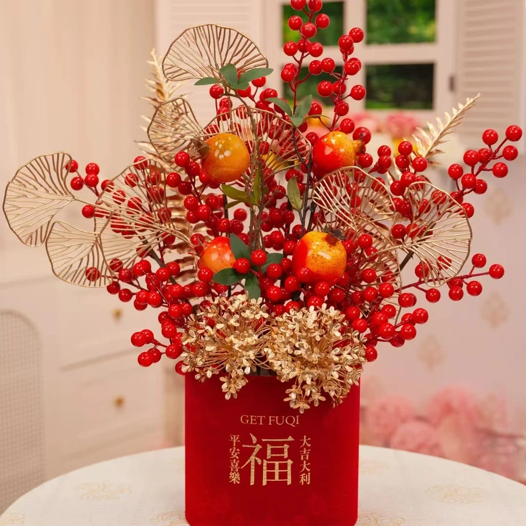【喜庆】福桶乔迁新婚之喜开业新年石榴发财红果轻奢高档客厅仿摆件