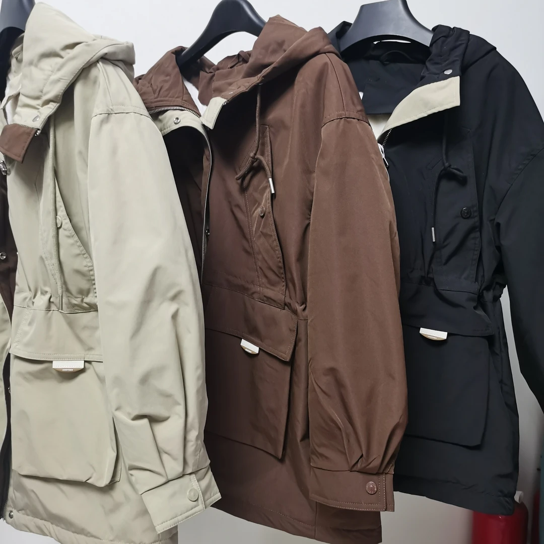 风衣女中长款防风加绒加毛派克服小个子百搭通勤连帽外套