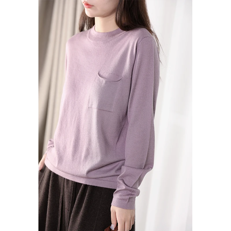 针织精纺羊绒圆领长袖胸口带兜打底衫