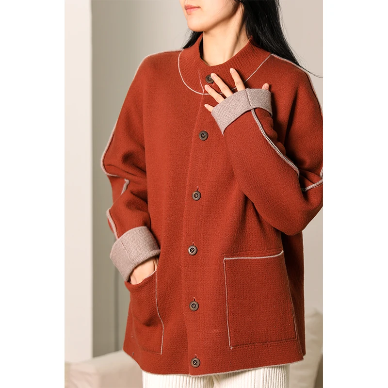 润帛加厚保暖针织山羊绒小立领上衣时尚双色竖坑条纹双面双穿外套