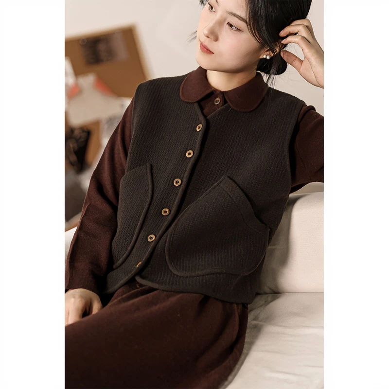 润帛 休闲百搭针织羊绒格纹加厚马甲女小V领包边双兜加厚无袖开衫