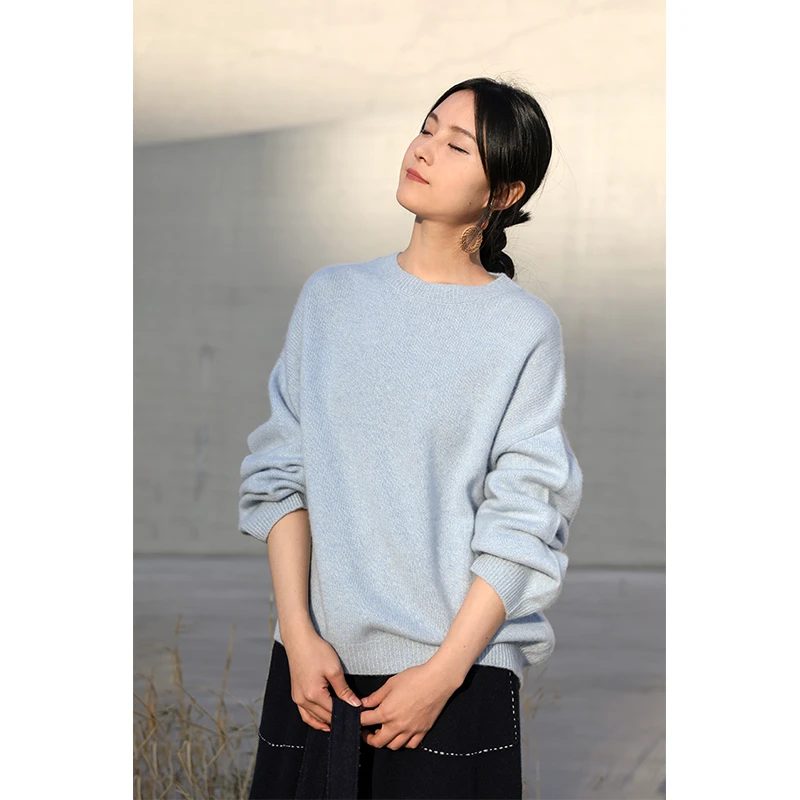 润帛针织山羊绒云朵拼纱圆领套衫女轻盈软糯纯色时尚秋冬上衣