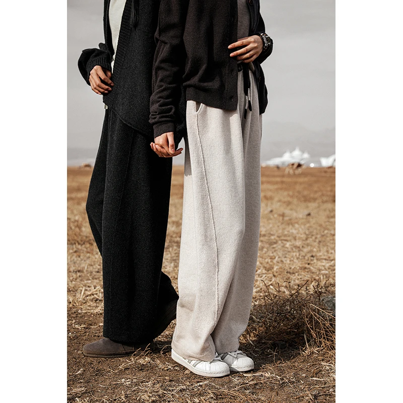 润帛 针织山羊绒秋冬季显高百搭羊绒裤女 修饰身材撞色腰带香蕉裤