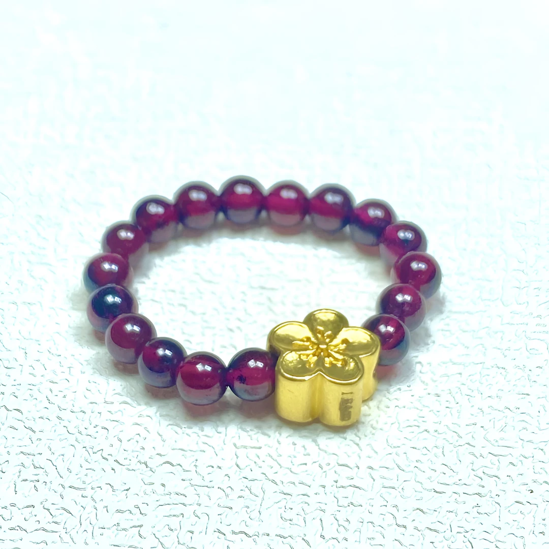 足金999烧蓝款一面粉一面素小桃花/小樱花石 榴 石戒时尚@@A105