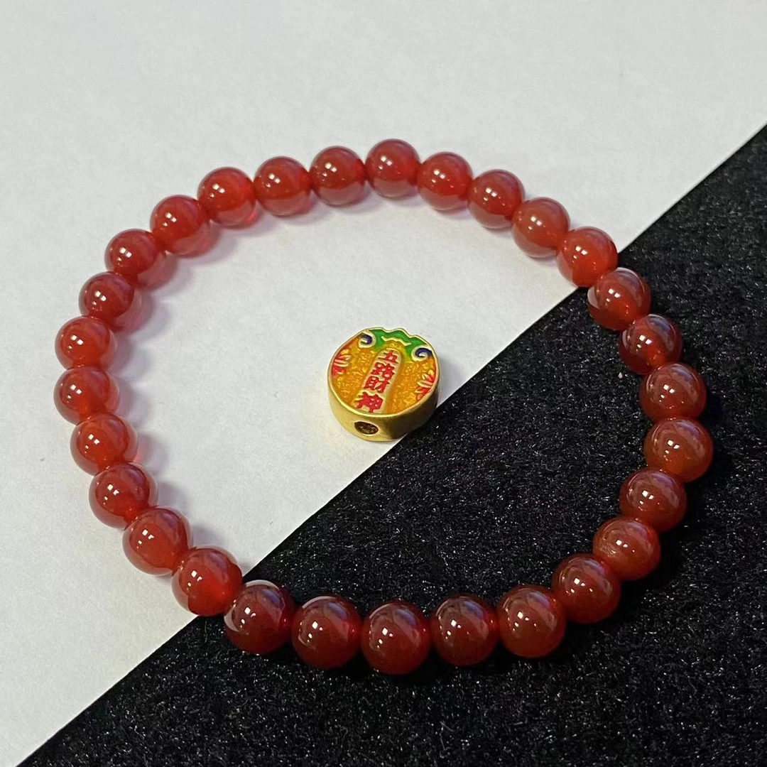 足金999烧蓝五路财/神1个搭玛 瑙手串@@A268