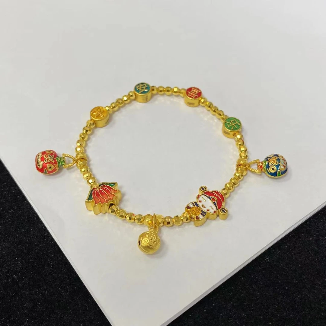 足金999卡3蹦迪珠48颗平安喜乐财神吞金兽黄金手串