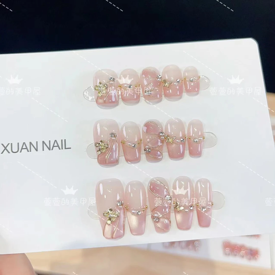 纯手工光疗美甲果冻贴片雏菊飘带假指甲成品穿戴甲简约