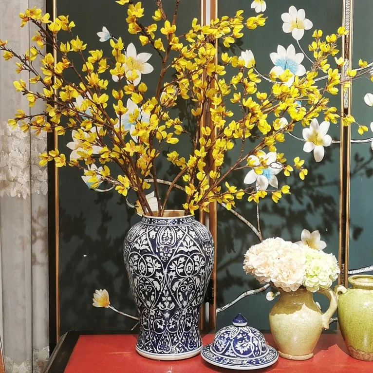 新中式青花花纹客厅玄关景德镇陶瓷将军罐花瓶苹果罐美式客厅装饰