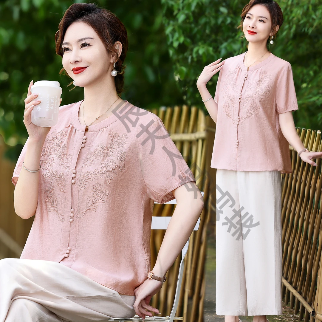 妈妈气质新中式国风短袖女夏装时尚中老年夏季洋气上衣服大码宽松